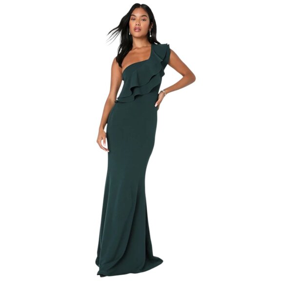 Lulus Green Ruffled One-Shoulder Maxi Dress NWT Size XS Wedding Guest Dress - Picture 1 of 10
